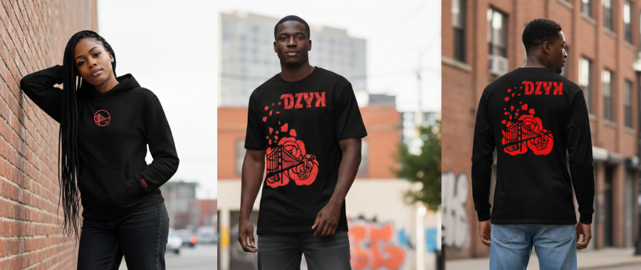 Three people wearing black t-shirts with red graphics depicting the Golden Gate Bridge with shoes hanging from the bridge and rose petals, standing in urban settings.